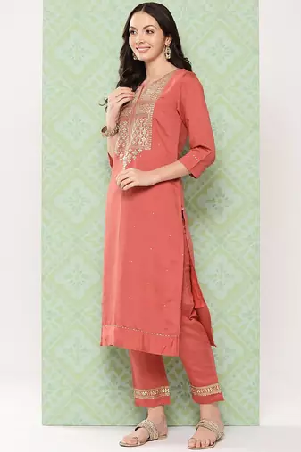 Orange Ethnic Motifs Yoke Design Gotta Patti Kurta with Trousers & With Dupatta