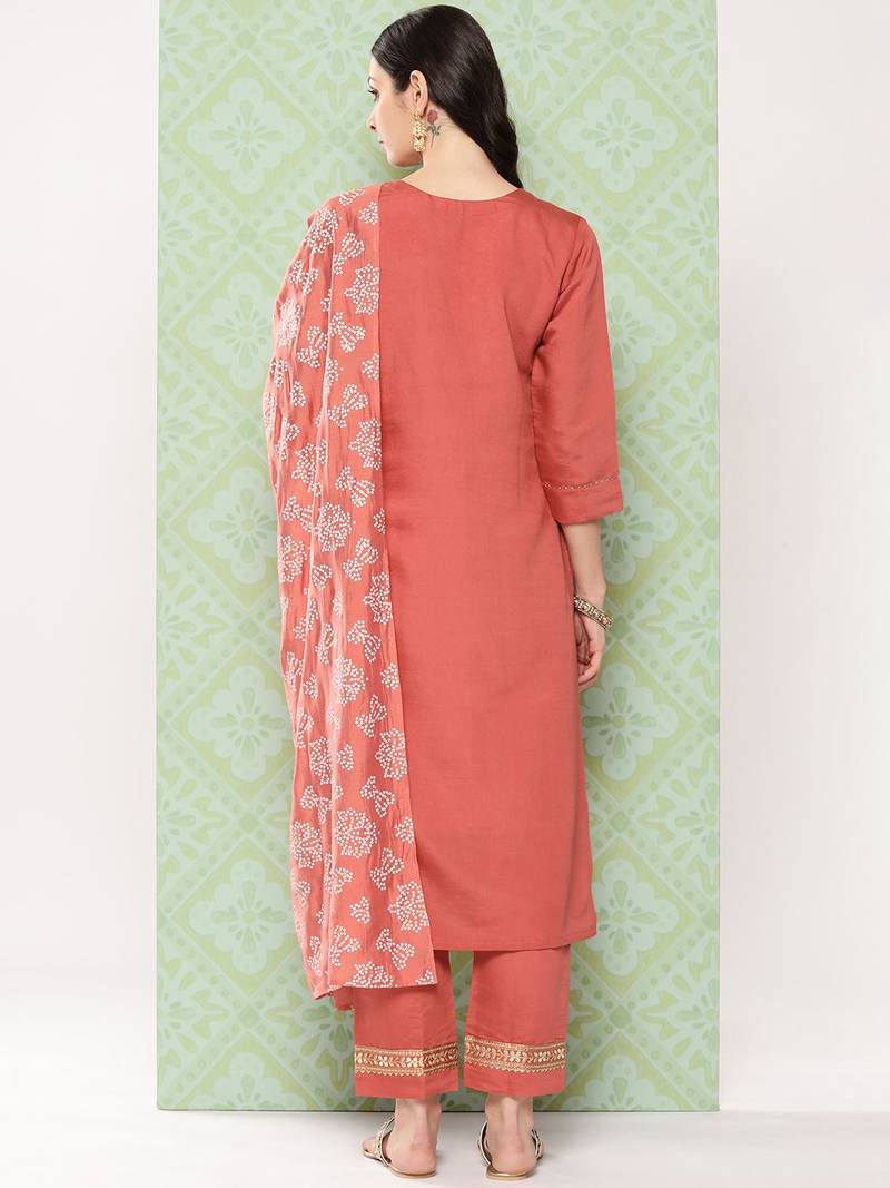 Orange Ethnic Motifs Yoke Design Gotta Patti Kurta with Trousers & With Dupatta