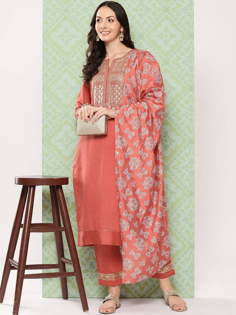 Orange Ethnic Motifs Yoke Design Gotta Patti Kurta with Trousers & With Dupatta