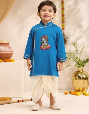 Boys turquoise cotton silk thread embroidery kurta dhoti set 3