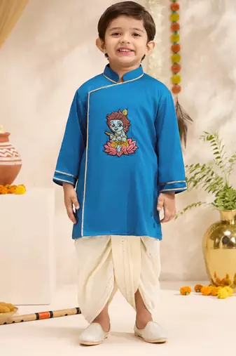 Boys turquoise cotton silk thread embroidery kurta dhoti set