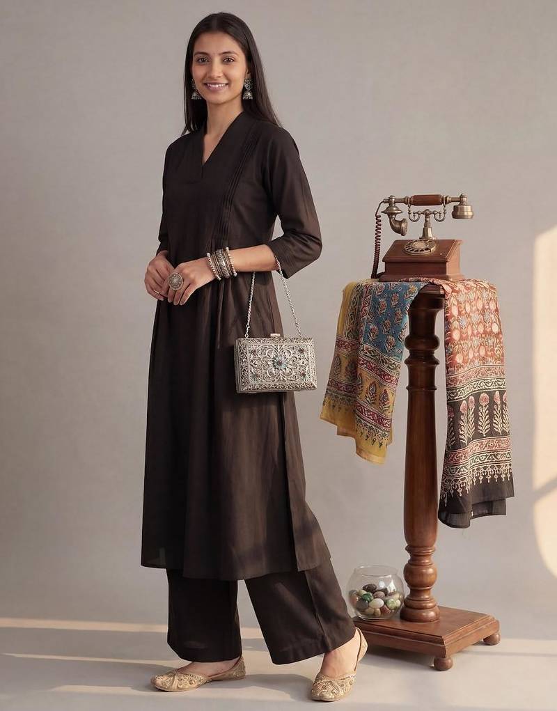 black solid a-line design features pintuck pleats kurta palazzo set