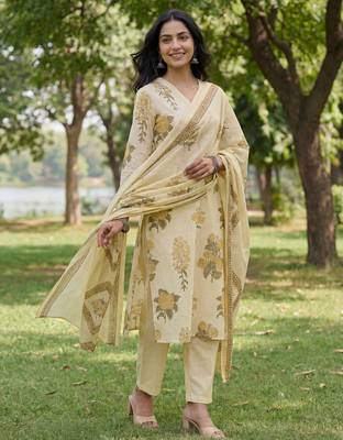 yellow straight design striped and floral print with this kurta trouser dupatta set 1