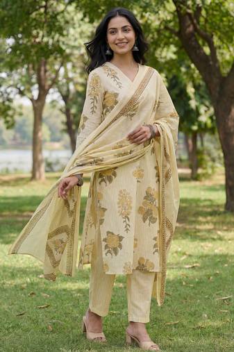 yellow straight design striped and floral print with this kurta trouser dupatta set