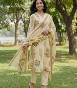 yellow straight design striped and floral print with this kurta trouser dupatta set