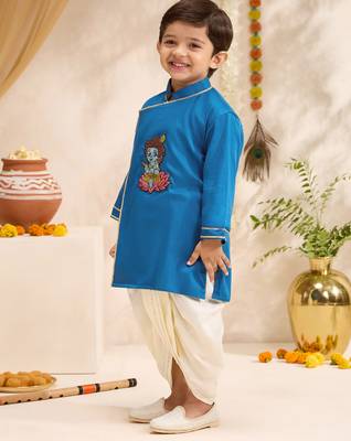 Boys turquoise cotton silk thread embroidery kurta dhoti set 4