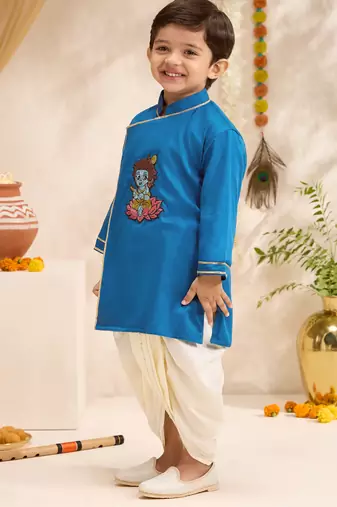 Boys turquoise cotton silk thread embroidery kurta dhoti set