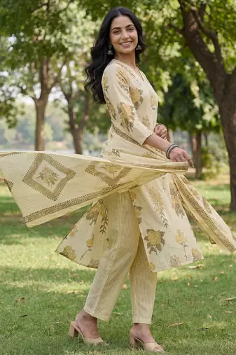yellow straight design striped and floral print with this kurta trouser dupatta set