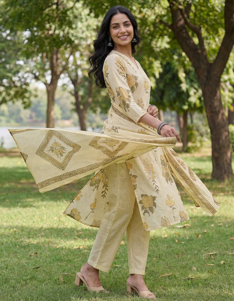 yellow straight design striped and floral print with this kurta trouser dupatta set