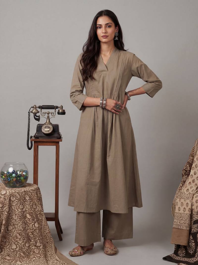 Yufta grey solid a-line design features pintuck pleats kurta palazzo set
