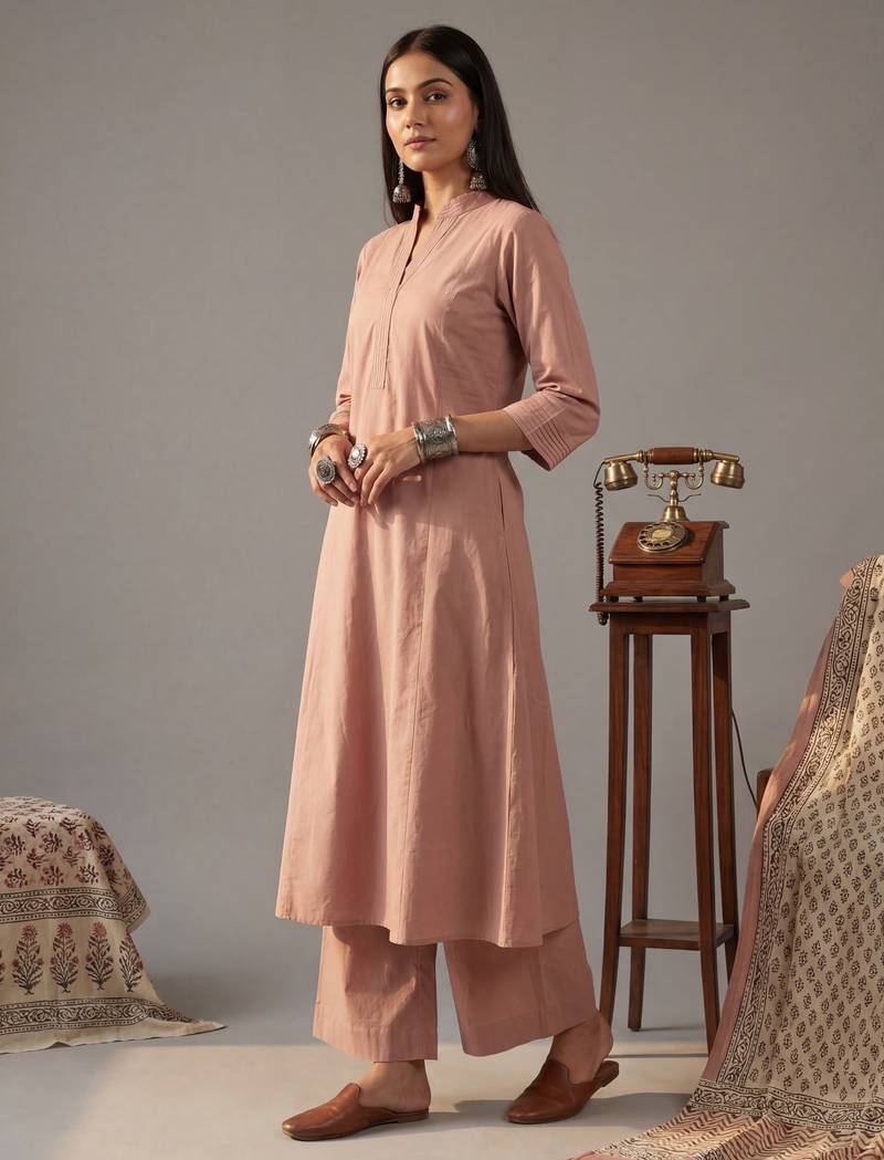 Yufta mauve solid a-line design features pintuck pleats kurta palazzo set