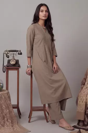 Yufta grey solid a-line design features pintuck pleats kurta palazzo set