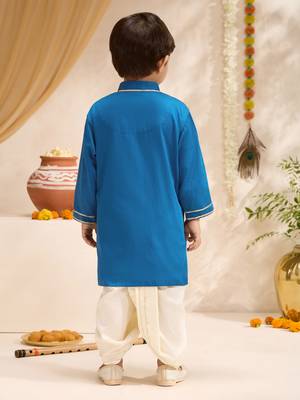 Boys turquoise cotton silk thread embroidery kurta dhoti set 5