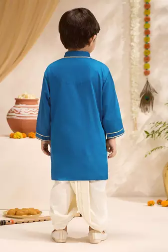 Boys turquoise cotton silk thread embroidery kurta dhoti set