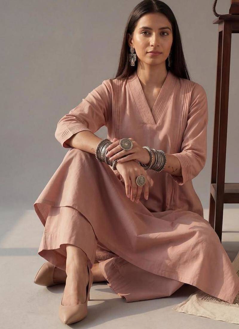 Yufta mauve solid a-line design features pintuck pleats kurta palazzo set
