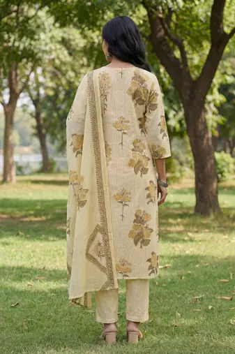 yellow straight design striped and floral print with this kurta trouser dupatta set