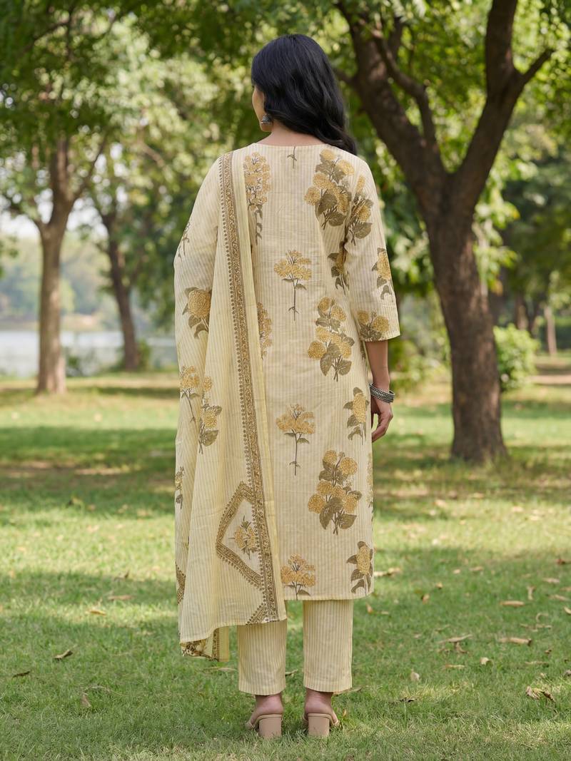 yellow straight design striped and floral print with this kurta trouser dupatta set