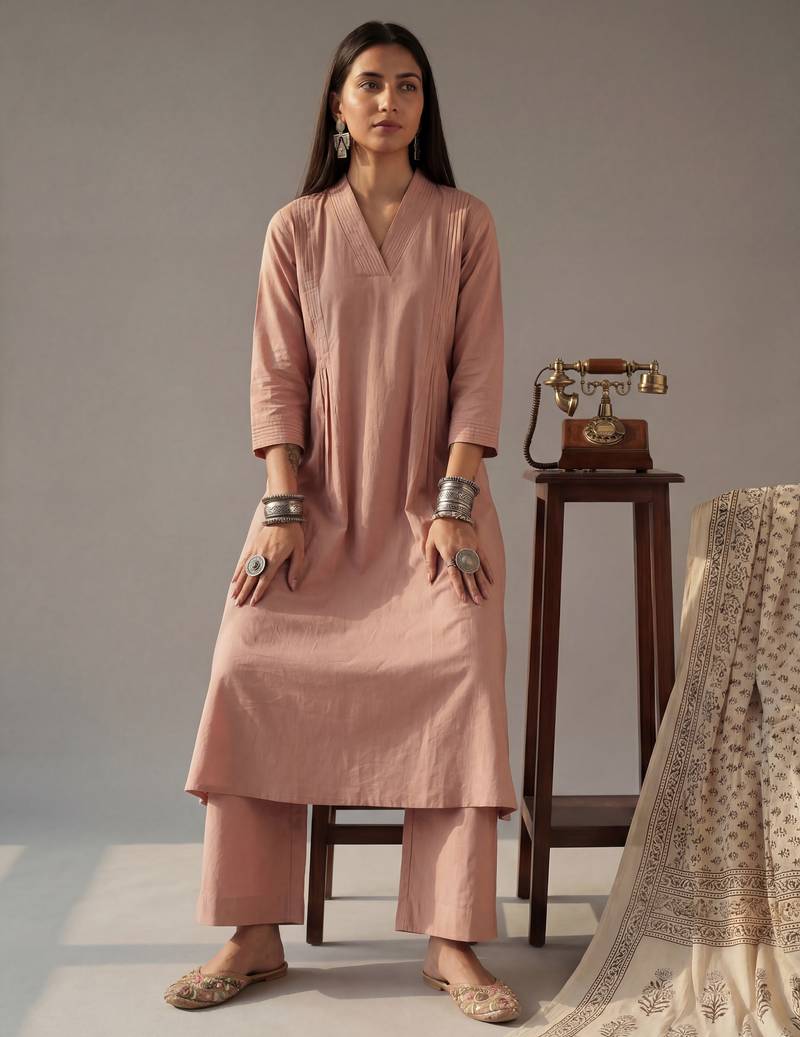Yufta mauve solid a-line design features pintuck pleats kurta palazzo set