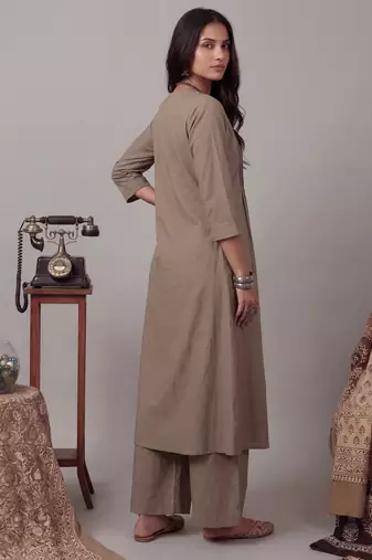 Yufta grey solid a-line design features pintuck pleats kurta palazzo set