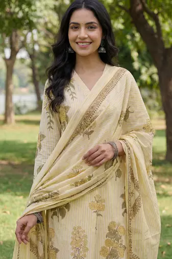 yellow straight design striped and floral print with this kurta trouser dupatta set