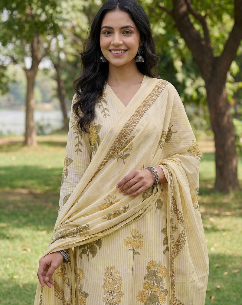 yellow straight design striped and floral print with this kurta trouser dupatta set