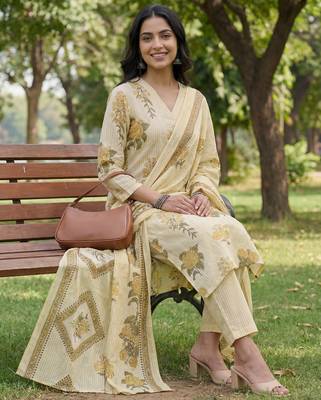 yellow straight design striped and floral print with this kurta trouser dupatta set 5