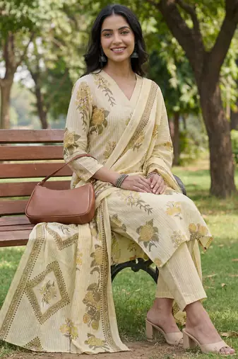 yellow straight design striped and floral print with this kurta trouser dupatta set