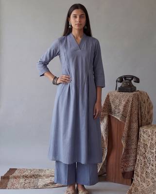 blue solid a-line design features pintuck pleats kurta palazzo set 1