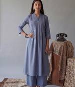 blue solid a-line design features pintuck pleats kurta palazzo set
