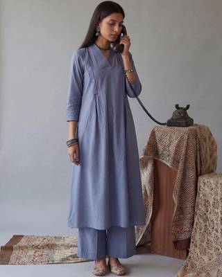 blue solid a-line design features pintuck pleats kurta palazzo set 2