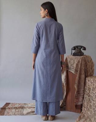 blue solid a-line design features pintuck pleats kurta palazzo set 3