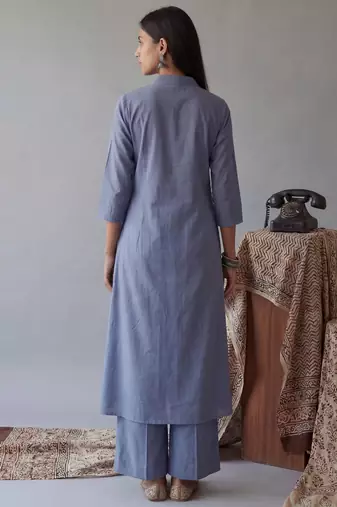blue solid a-line design features pintuck pleats kurta palazzo set