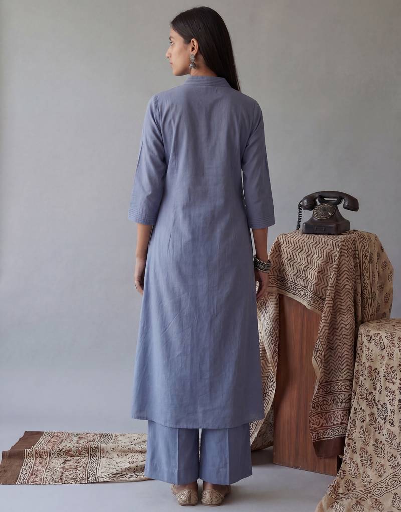blue solid a-line design features pintuck pleats kurta palazzo set