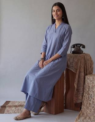 blue solid a-line design features pintuck pleats kurta palazzo set 4
