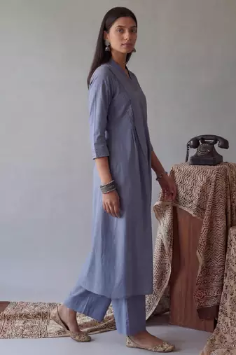 blue solid a-line design features pintuck pleats kurta palazzo set