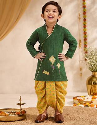 Boys green cotton applique embroidery kurta dhoti set 1