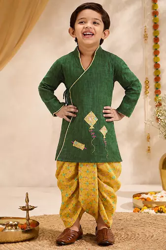 Boys green cotton applique embroidery kurta dhoti set