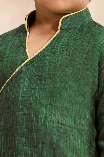 Boys green cotton applique embroidery kurta dhoti set