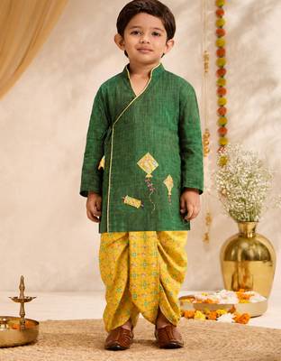 Boys green cotton applique embroidery kurta dhoti set 3
