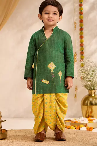 Boys green cotton applique embroidery kurta dhoti set