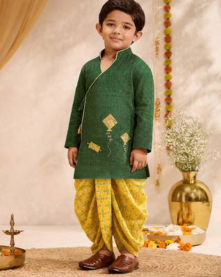 Boys green cotton applique embroidery kurta dhoti set 4