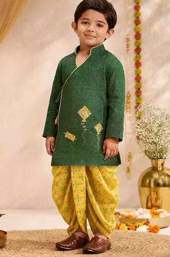 Boys green cotton applique embroidery kurta dhoti set