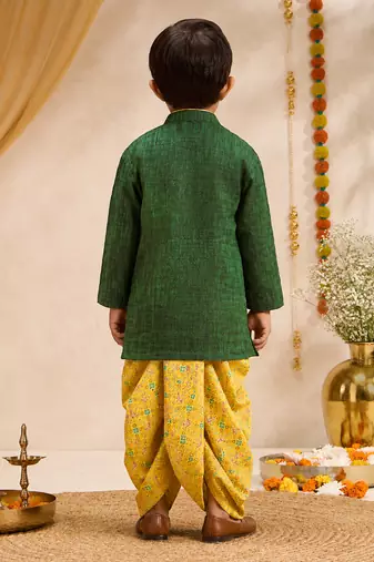Boys green cotton applique embroidery kurta dhoti set