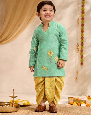 Boys mint green cotton applique embroidery kurta dhoti set 1