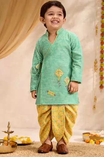 Boys mint green cotton applique embroidery kurta dhoti set