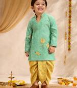 Boys mint green cotton applique embroidery kurta dhoti set
