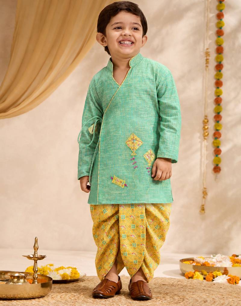 Boys mint green cotton applique embroidery kurta dhoti set