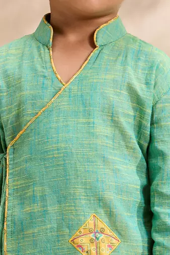 Boys mint green cotton applique embroidery kurta dhoti set