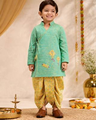 Boys mint green cotton applique embroidery kurta dhoti set 3