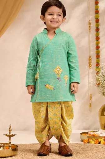 Boys mint green cotton applique embroidery kurta dhoti set
